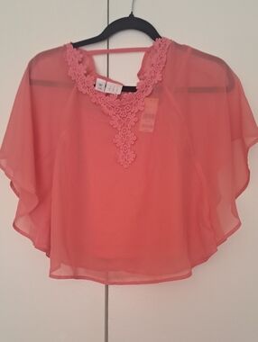 C R B Girls Coral Lace-Trim Sheer Capelet Top